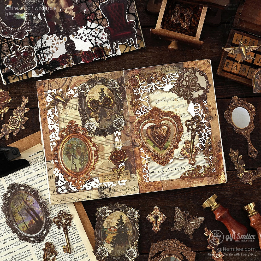 Scrapbooking layout featuring vintage Victorian frames, gothic accents, and ornate embellishments