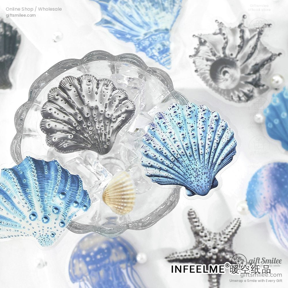 Close-up of marine-themed stickers, including shells and jellyfish, showcasing intricate ocean-inspired designs