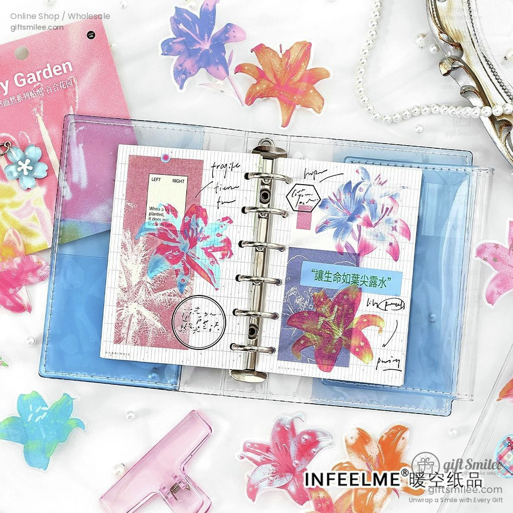 A floral sticker set displayed with journaling pages, highlighting vibrant lily-themed designs