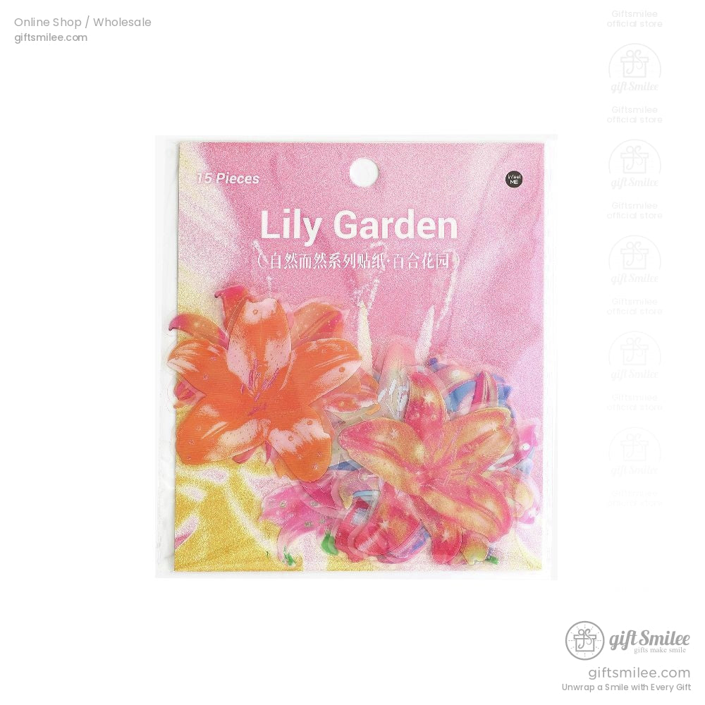 A pink-themed floral sticker pack labeled Lily Garden, featuring bright and vivid lily flower designs