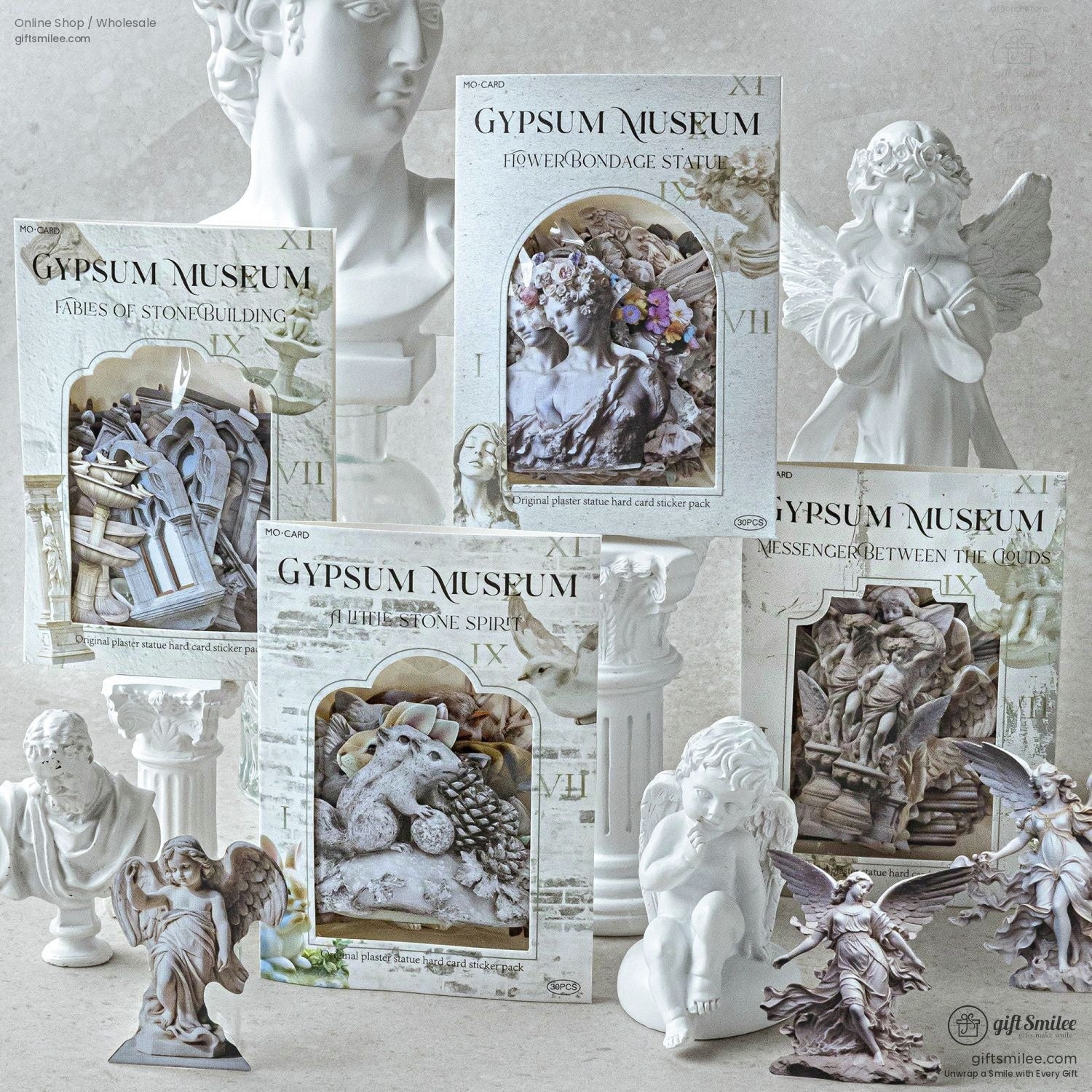 Gypsum Museum sticker packs featuring angel and sculpture designs displayed elegantly
