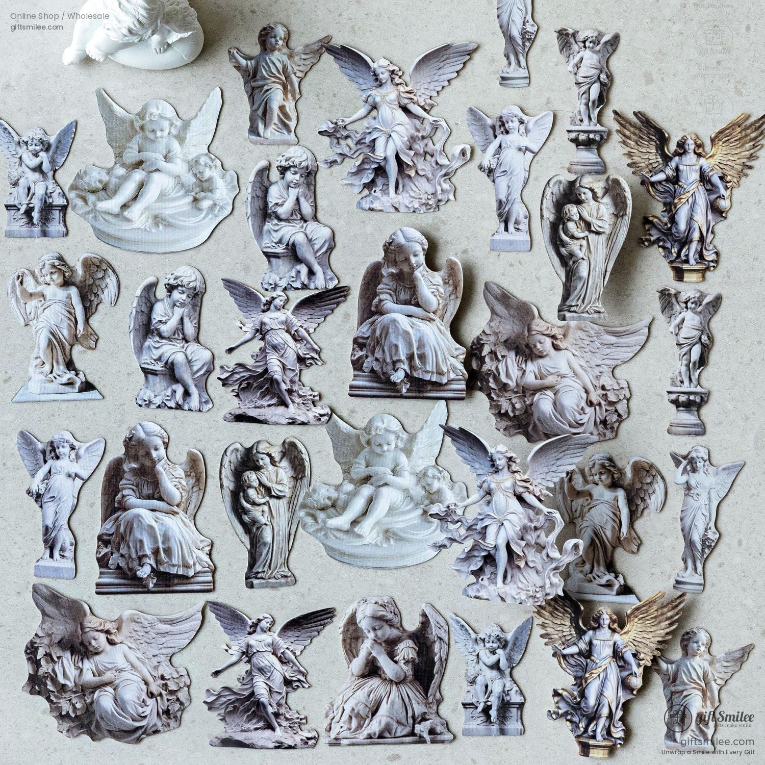 A collection of angel statue stickers with intricate details in various poses