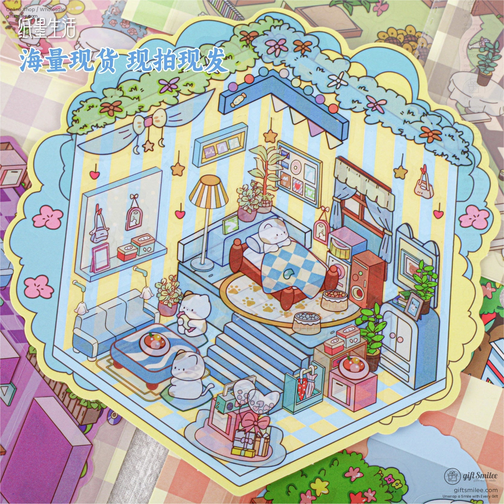 Cozy bedroom scene sticker with charming furniture and pastel tones