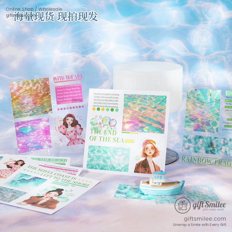 A collection of seaside-inspired aesthetic pages with colorful holographic effects and illustrations