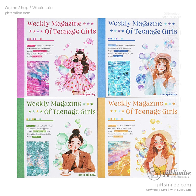 Set of four illustrated weekly magazine covers with summer vibes, featuring teenage girl sketches and pastel beach aesthetics