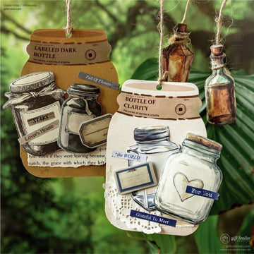 A close-up of vintage bottle stickers displayed in a natural green setting