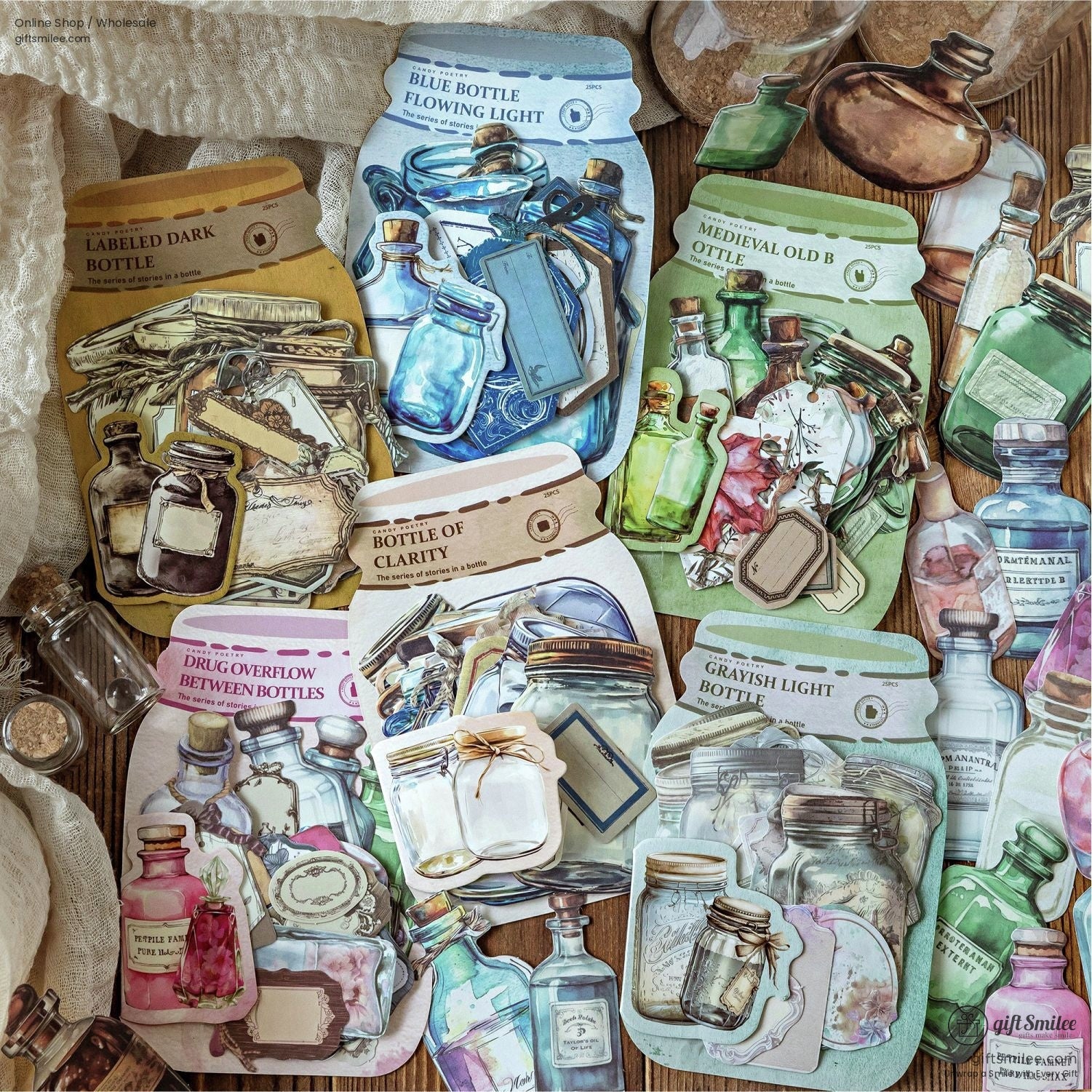 A collection of aesthetic journaling stickers featuring vintage bottle designs on a wooden background