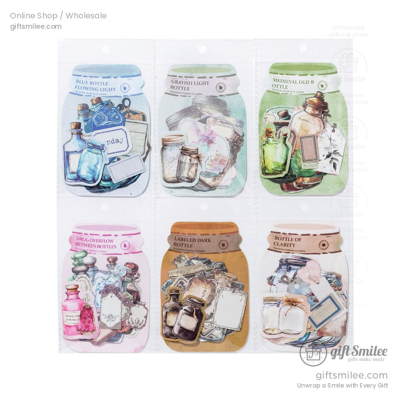A packaged set of vintage bottle stickers in various colors and designs, ready for crafting