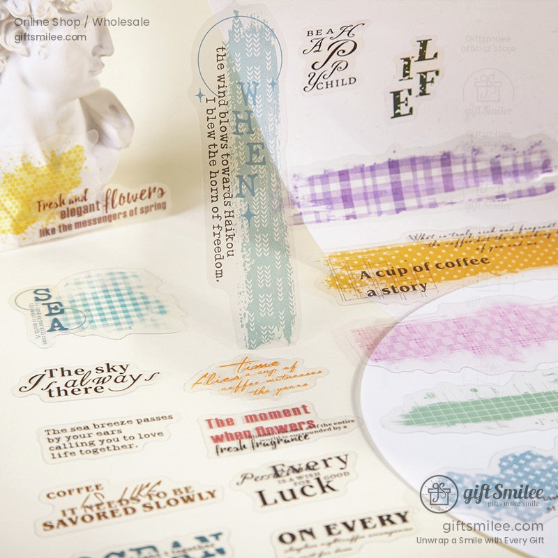 A collection of vintage-inspired transparent washi stickers featuring quotes, pastel patterns, and elegant designs