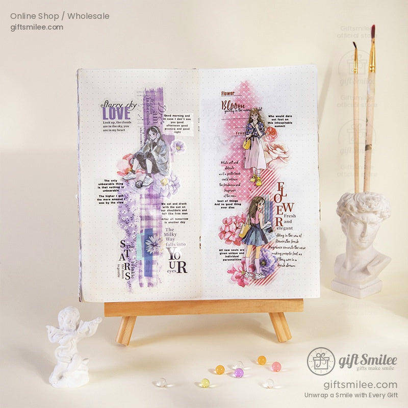 A creative bullet journal decorated with vibrant transparent washi stickers and inspirational quotes