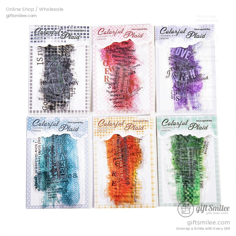 A full set of colorful plaid-themed transparent washi stickers in elegant packaging for DIY projects