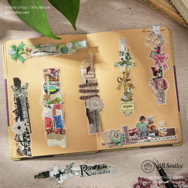 A collection of vintage-inspired scrapbooking stickers displayed on a journal page with intricate designs and retro vibes