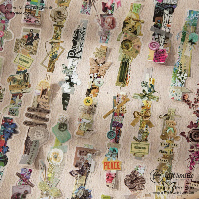 A variety of retro collage stickers spread out, featuring floral patterns, butterflies, and inspiring quotes
