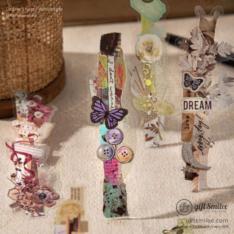 Close-up of vintage craft stickers, including buttons, ribbons, and inspirational text, ideal for journaling