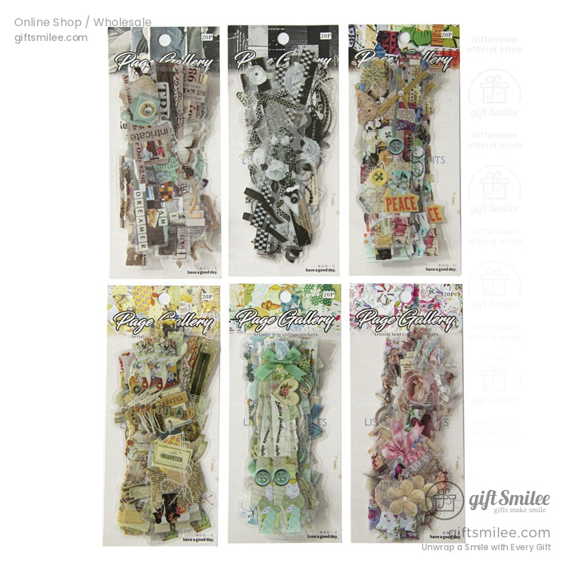 Packaged sets of retro-inspired scrapbooking sticker kits, featuring multiple designs and embellishments