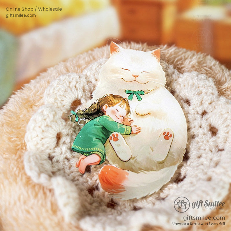 A cozy white cat with a green ribbon cuddling with a little girl in a knitted blanket
