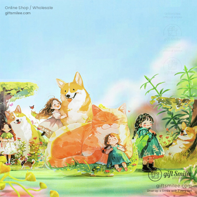 A sunny outdoor scene with corgis, a cat, and children enjoying playful moments in nature