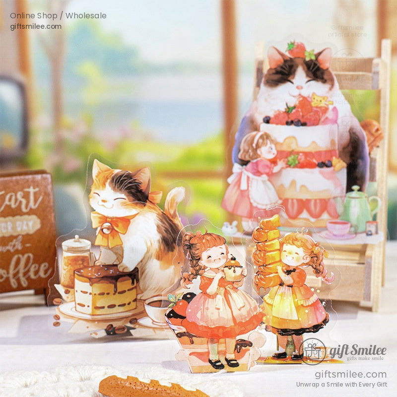 A delightful bakery scene featuring cats and children surrounded by cakes and pastries