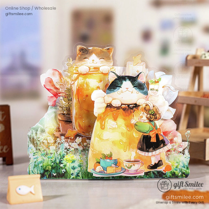 Two playful cats in jars of honey with a girl enjoying a quaint garden tea party