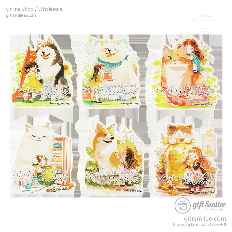 A complete set of whimsical pet-themed acrylic stickers showcasing cats, dogs, and joyful moments