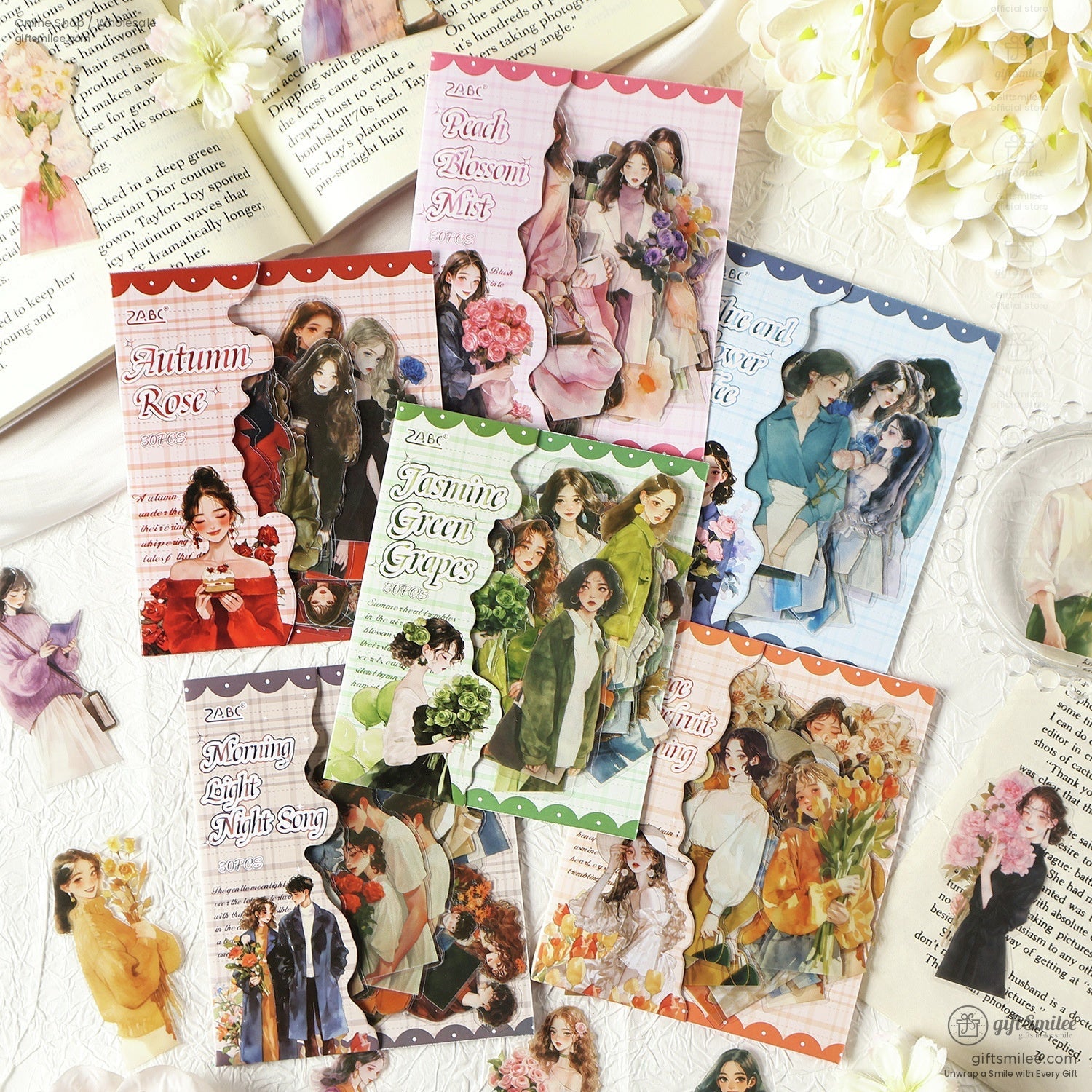 Vibrant sticker set featuring illustrated characters with floral and fashion themes, perfect for journaling and scrapbooking