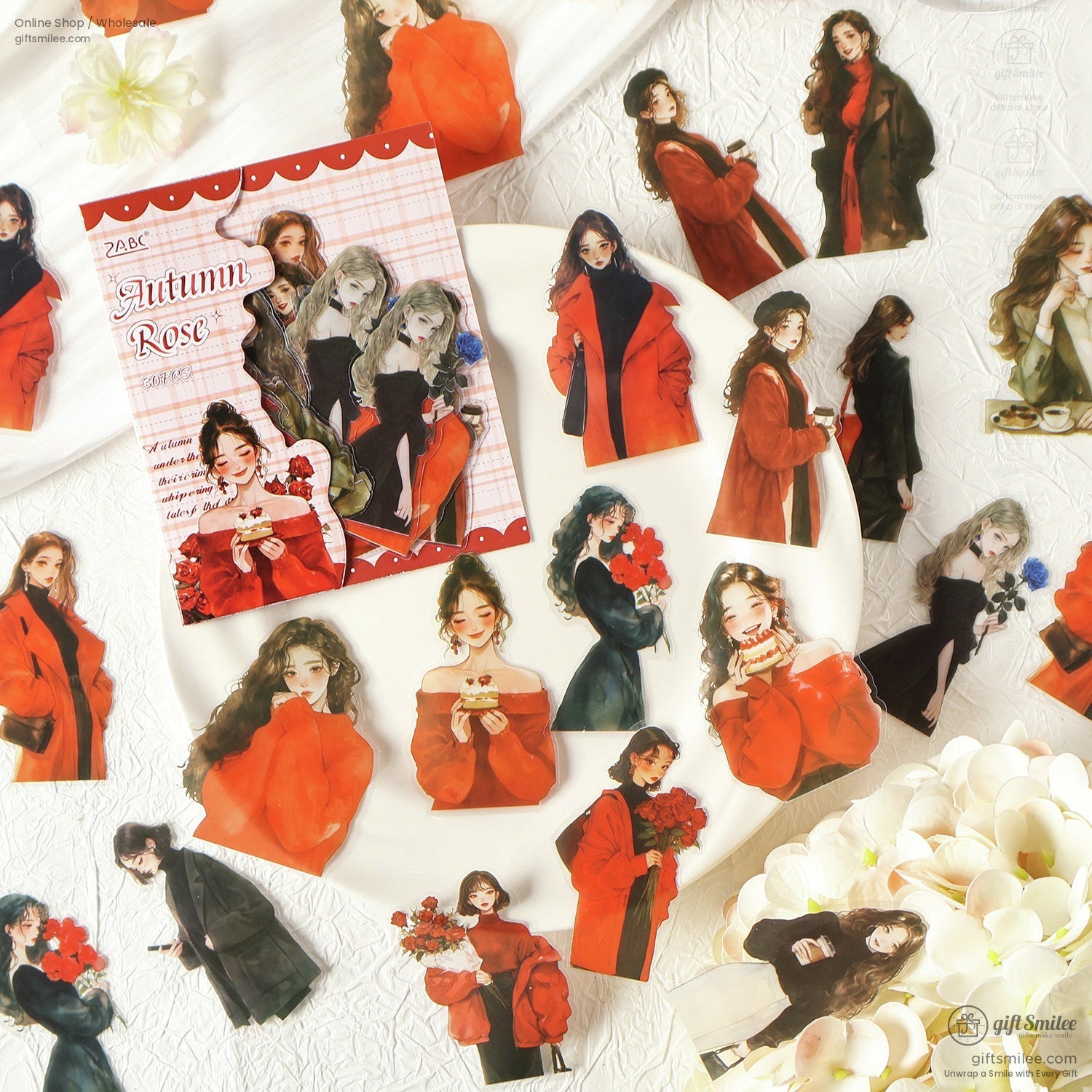 Close-up of the Autumn Rose sticker pack with elegant red and black tones, ideal for decorative projects