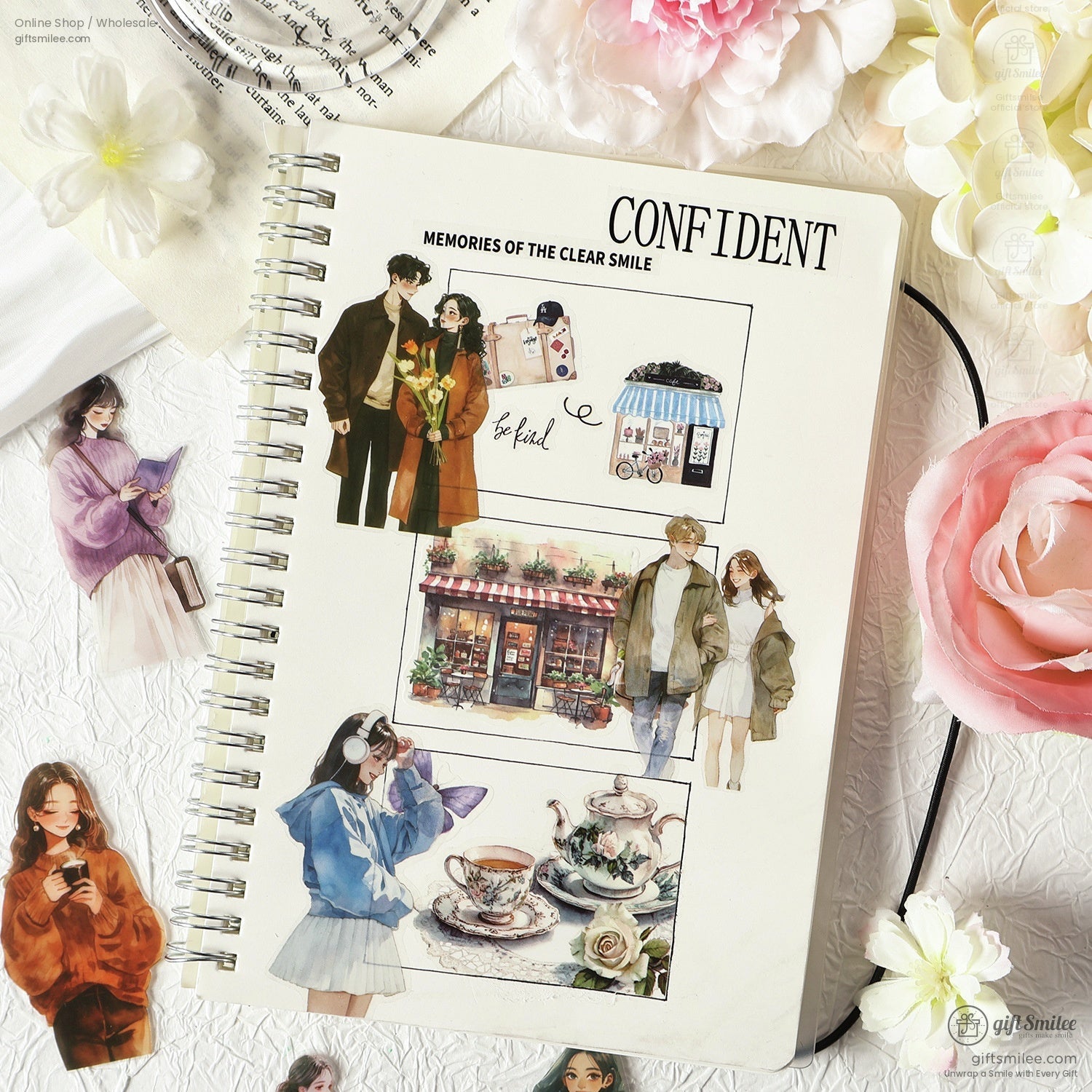 Spiral notebook with colorful character and tea-time stickers on a backdrop of flowers and books