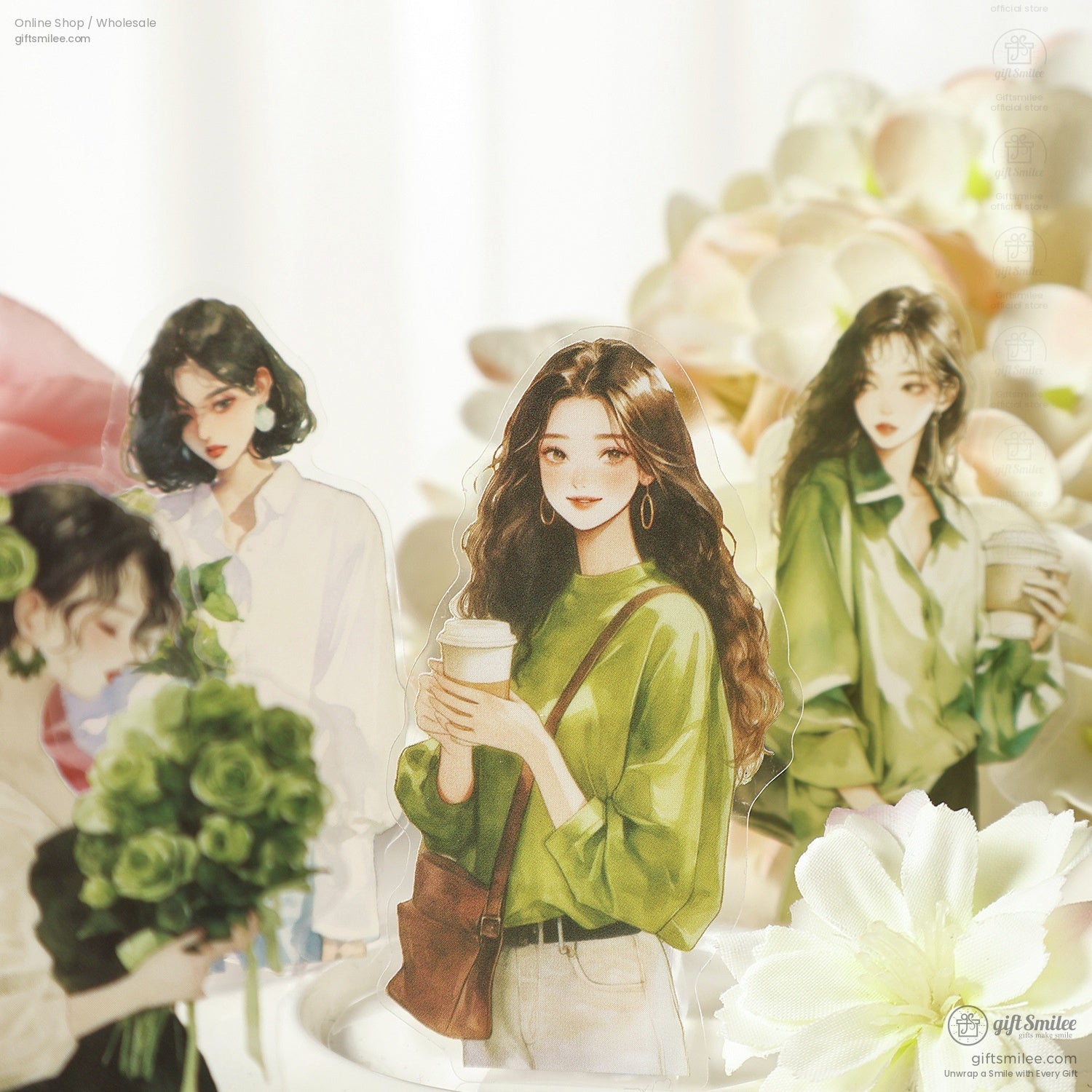 Fashion-themed sticker cutouts featuring characters holding coffee cups in natural green tones