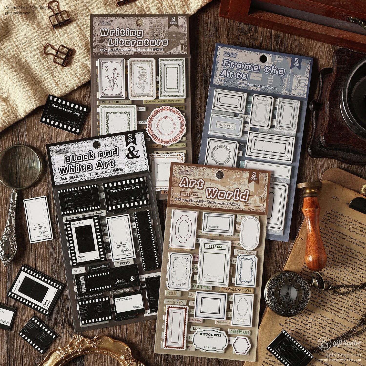Vintage-inspired text puzzle stickers with frames and quotes on a rustic wooden surface