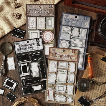 Vintage-inspired text puzzle stickers with frames and quotes on a rustic wooden surface