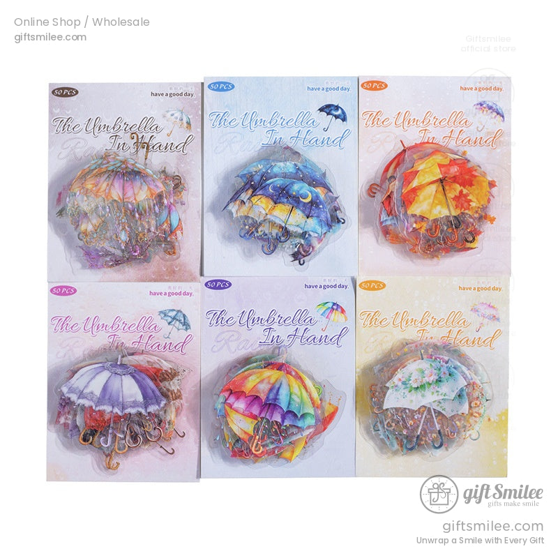 Packaging of the 50-piece umbrella sticker set with various designs displayed