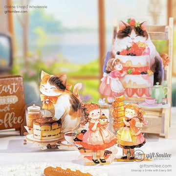 A calico cat smiling near pancakes and desserts in a cozy café setting, surrounded by vibrant art