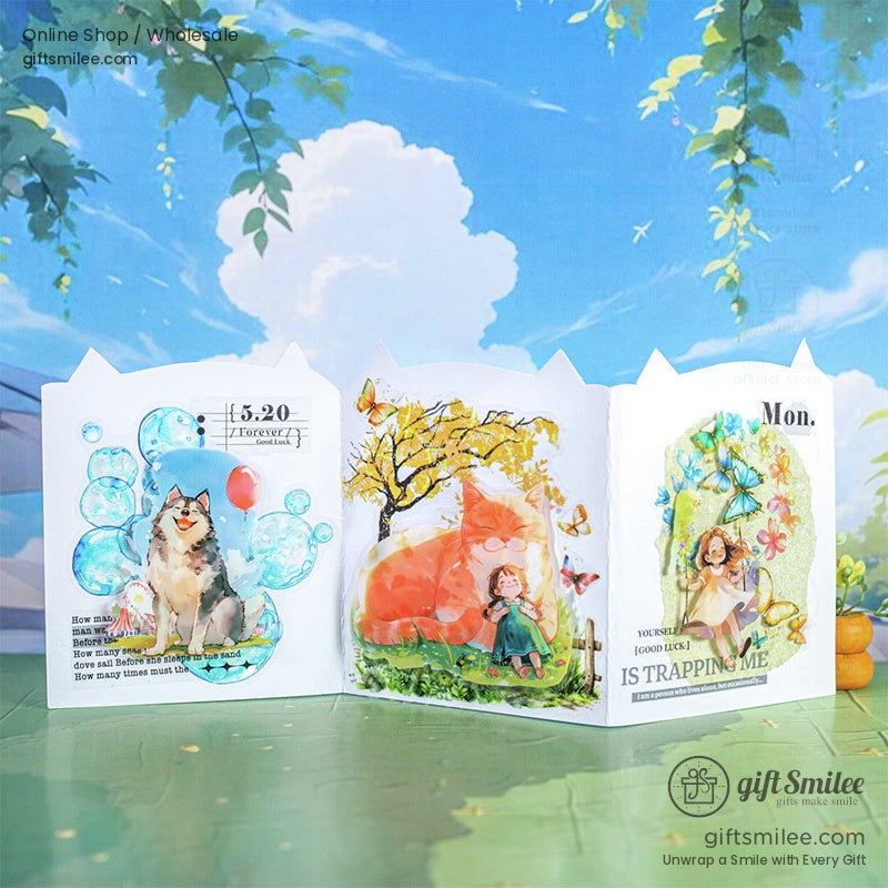 Six whimsical stickers featuring cats, dogs, and girls in dreamy, pet-themed scenes