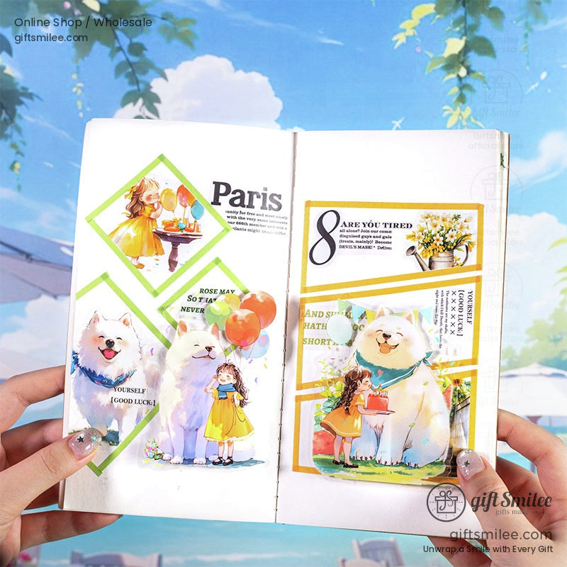 A foldable card with a fluffy dog, a girl under a tree, and a cat playing in a magical landscape