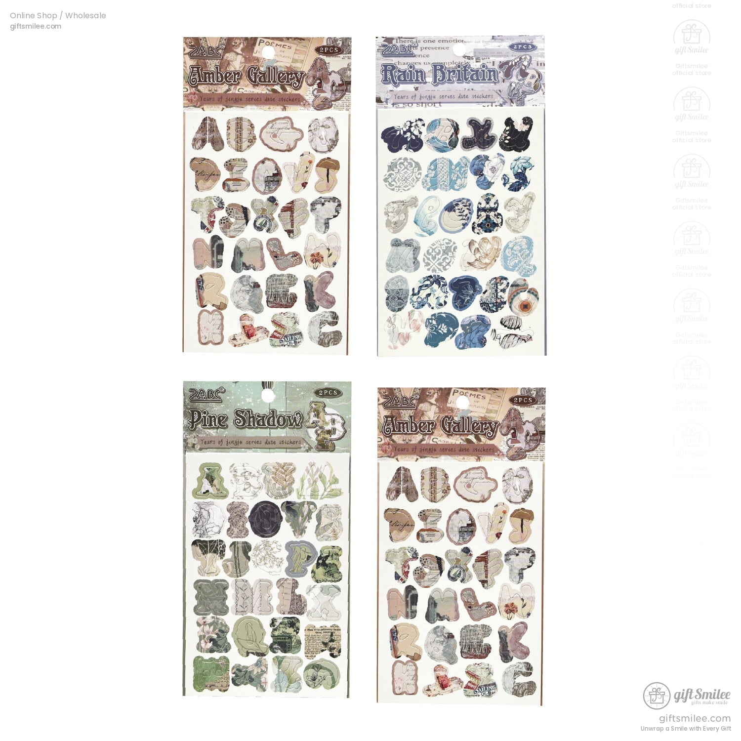 Four distinct styles of alphabet scrapbook stickers showcased in their packaging, emphasizing retro and vintage aesthetics
