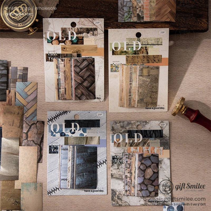 A collection of vintage-themed scrapbook paper packs featuring rustic textures and natural designs