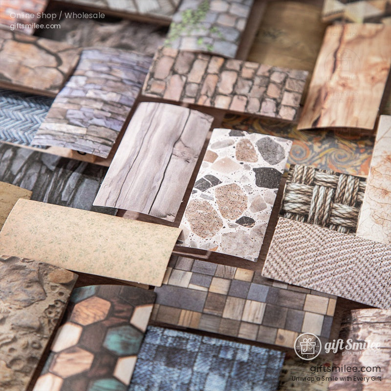A collection of vintage-themed scrapbook paper packs featuring rustic textures and natural designs