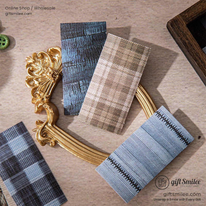 Three scrapbook papers with retro plaid and denim patterns displayed with a vintage gold frame