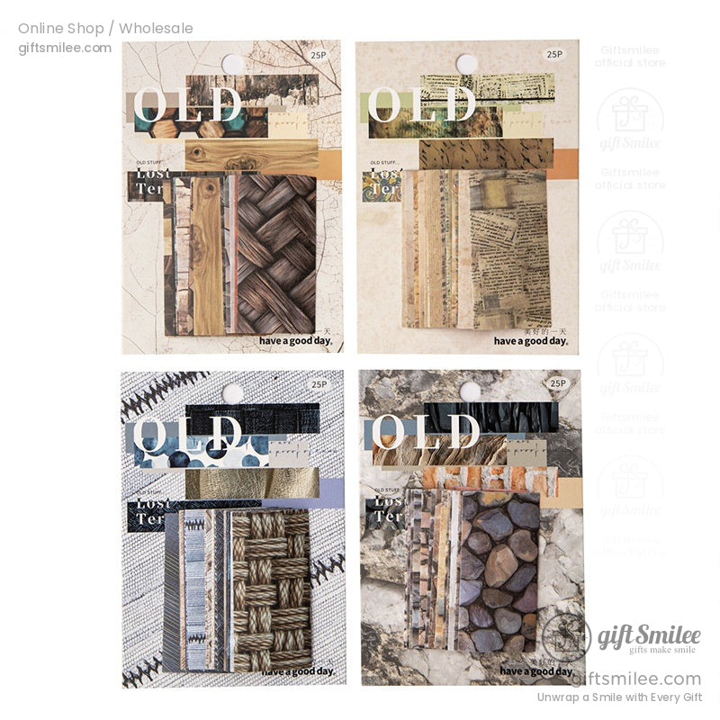 Four packs of vintage-inspired scrapbook paper with various textures and designs