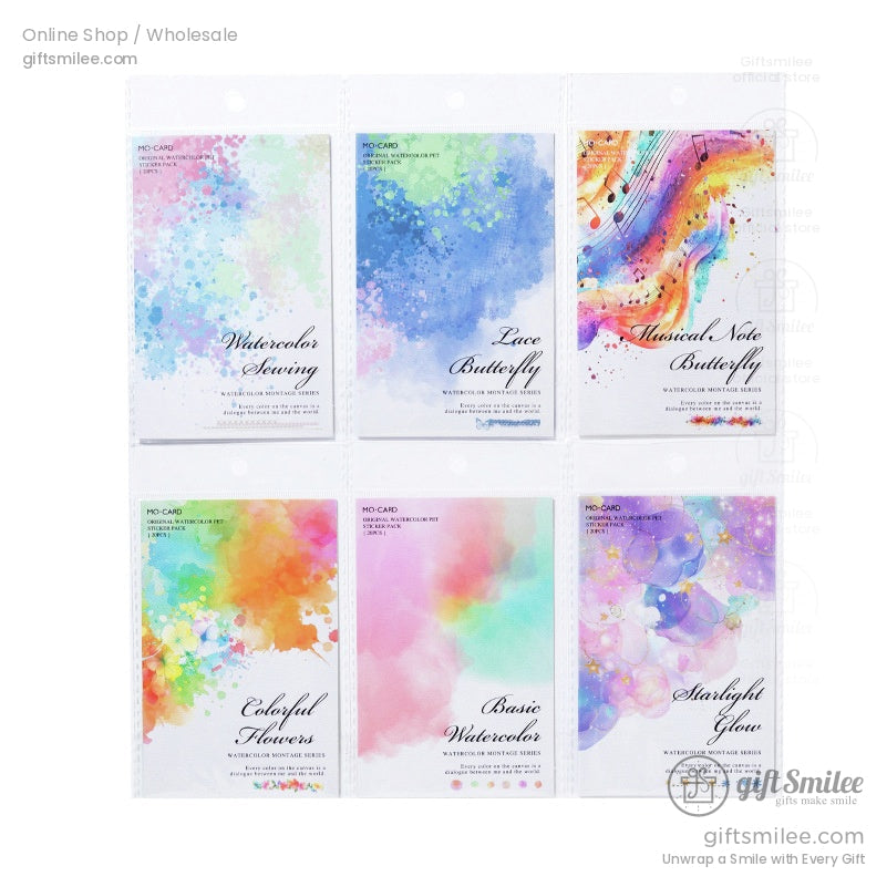Set of six vibrant watercolor sticker packs with floral and abstract themes on display
