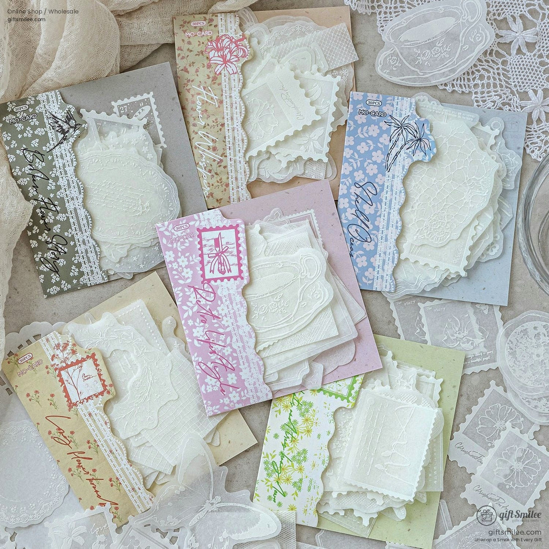 Close-up of elegant transparent embossed butterfly and floral stickers on a soft background