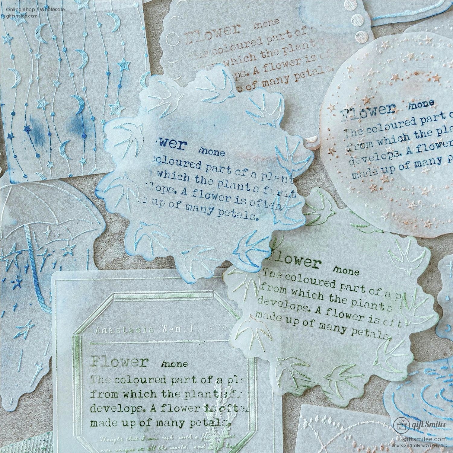 Transparent embossed stickers featuring floral and celestial patterns with soft hues