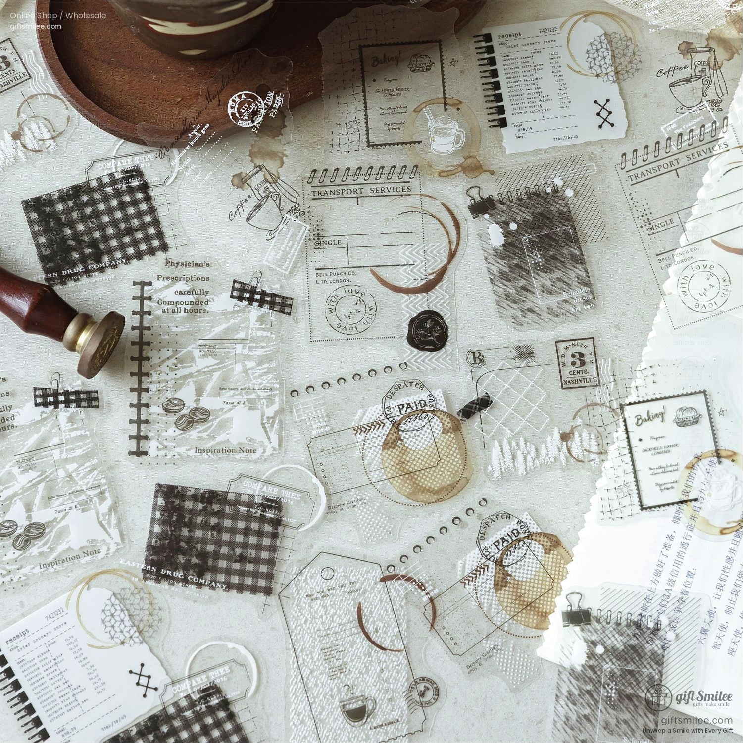 Coffee-themed transparent stickers with vintage patterns, featuring stamps, grids, and coffee motifs for journaling and crafts