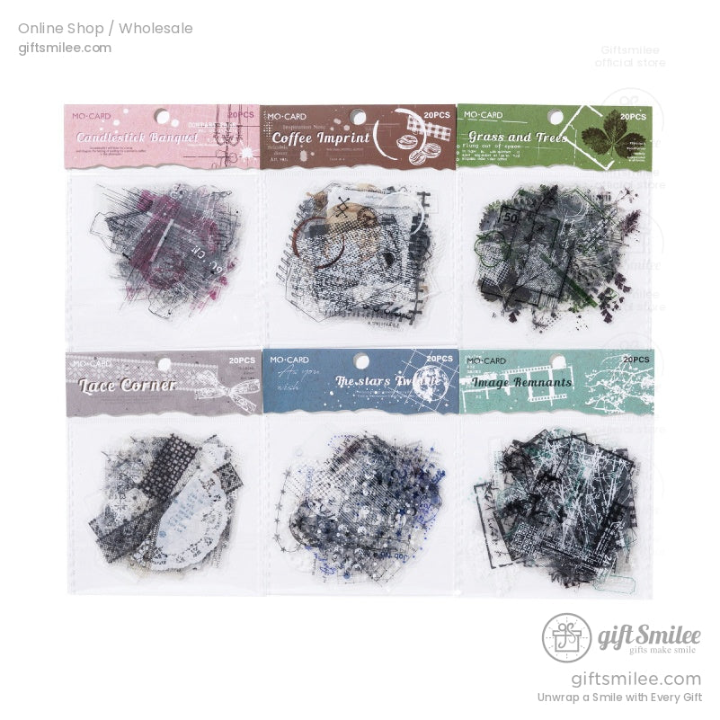 Packaged vintage and celestial clear stickers in six unique designs, neatly arranged for display