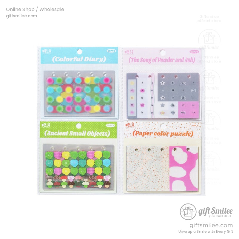 Four packs of themed stickers labeled Colorful Diary, Ancient Small Objects, The Song of Powder and Ash, and Paper Color Puzzle