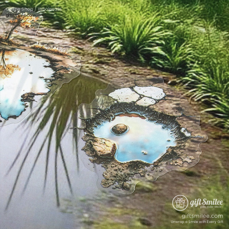 A sticker showcasing a cracked surface puddle with a soft water reflection and surrounding greenery