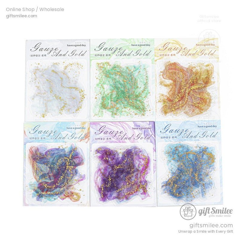 Set of colorful golden gauze glitter stickers in assorted designs