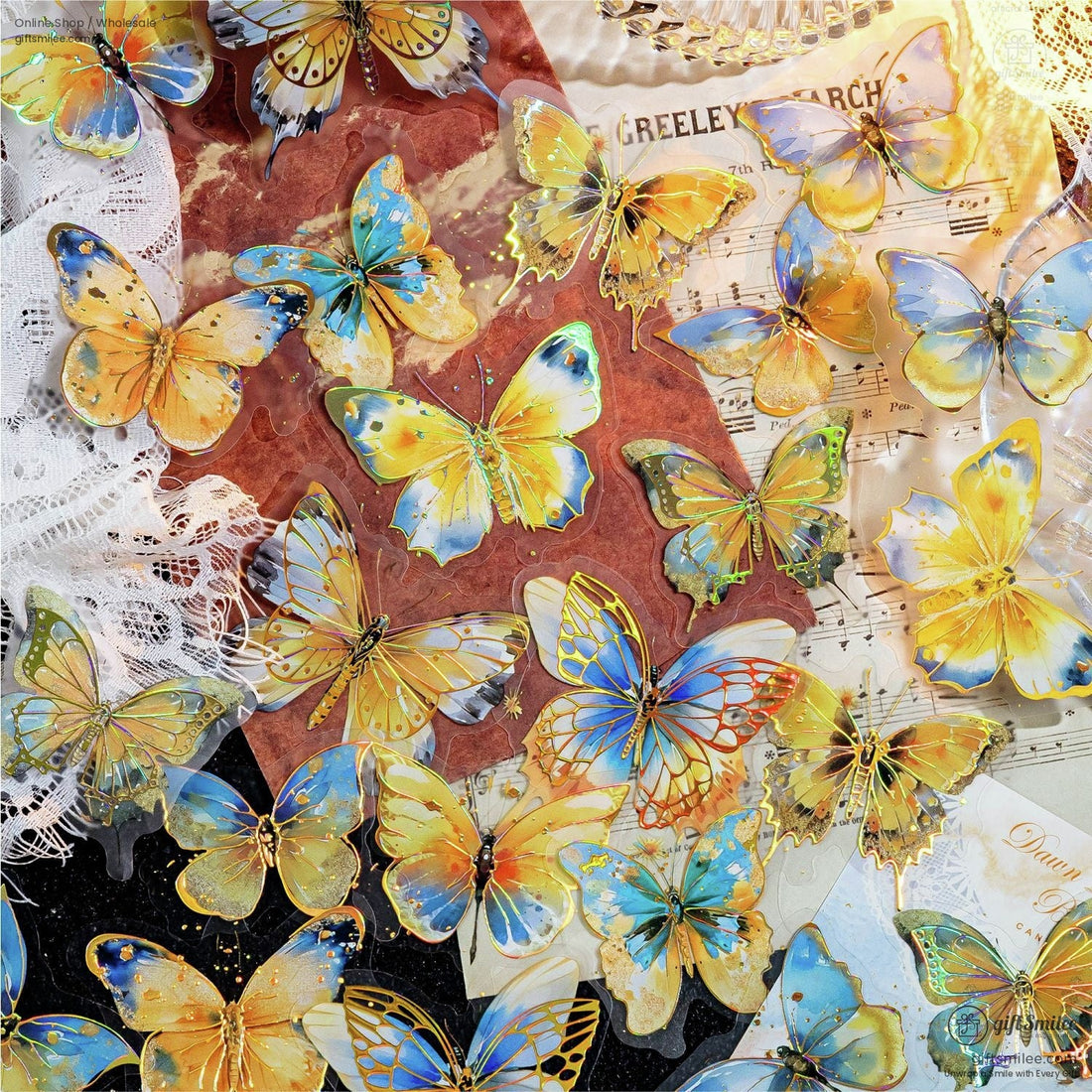 Holographic golden butterfly stickers with rose quartz and lace backdrop