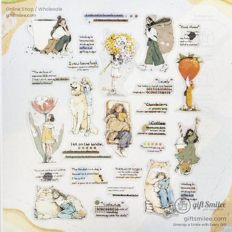 A creative sticker sheet featuring girls, pets, and flowers with quotes, perfect for aesthetic scrapbooking