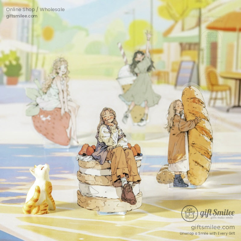 Girls posing with bread, strawberries, and ice cream in a whimsical outdoor scene, ideal for stationery lovers